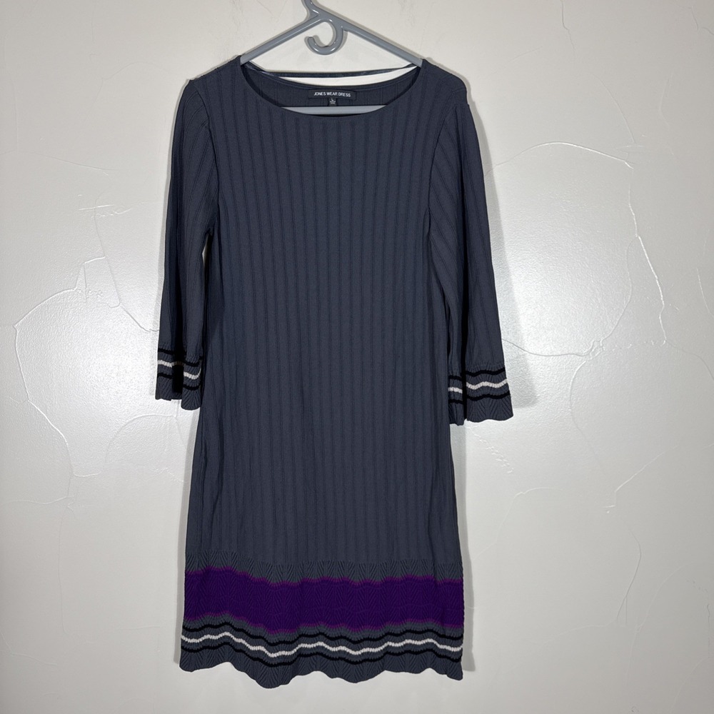 Jones Wear Dress Women's Gray Knit with Purple & Black Accent Stripes Size L
